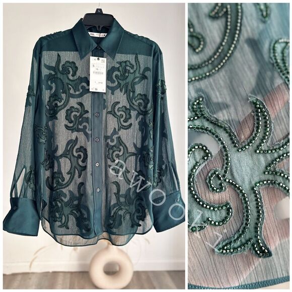 Zara Emerald Green Embroidered Blouse - Picture 1 of 4